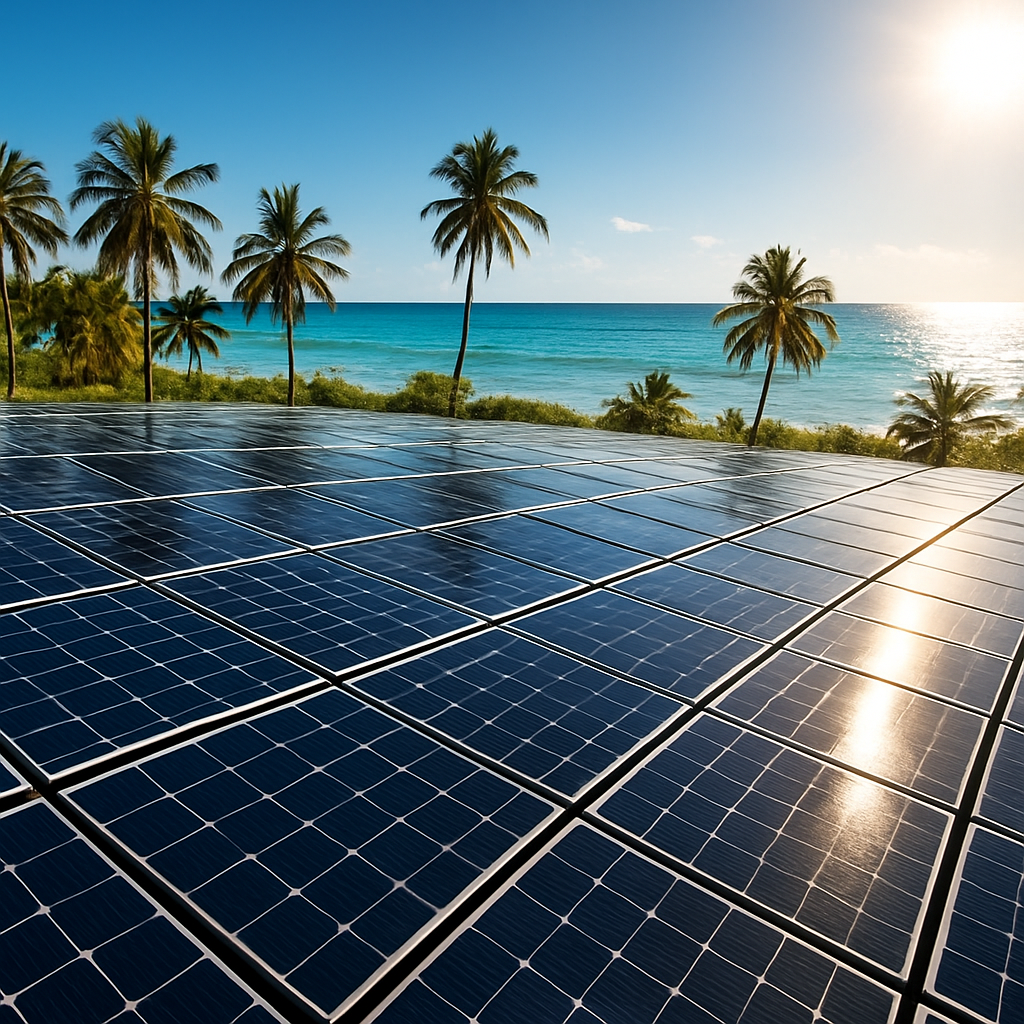 Rows of solar panels on a Caribbean coastline beside the turquoise ocean